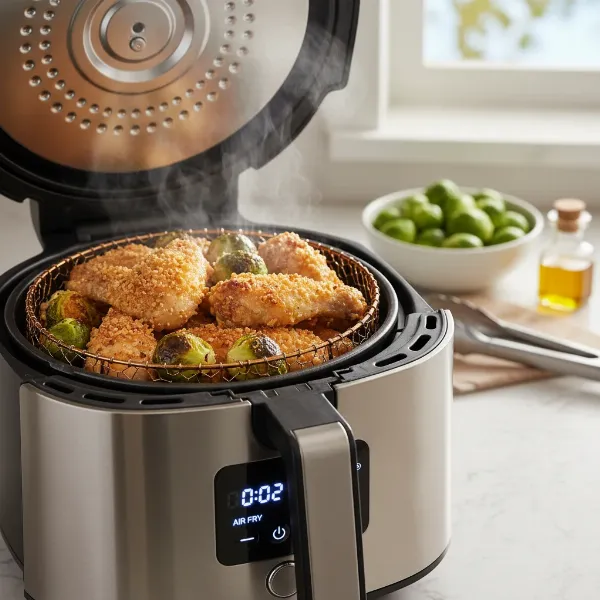 Air fryer multi-cooker cooking crispy keto chicken wings or "fried" vegetables, golden brown and delicious.