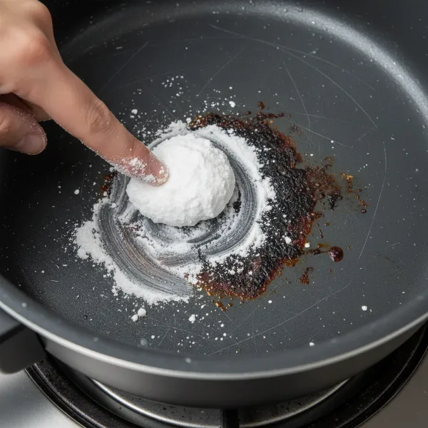 Applying baking soda paste to a stubborn burnt stain inside a non-stick electric cooker pot.