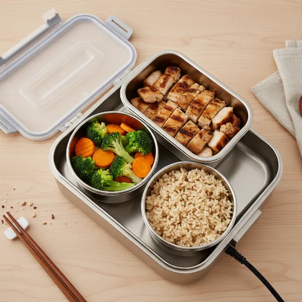 An open bento-style electric lunch box displaying perfectly separated protein, vegetables, and grains.