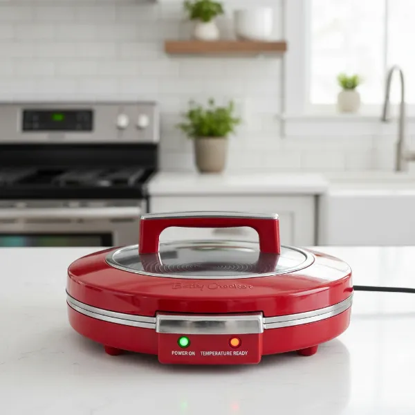 Red Betty Crocker electric pizza maker on a kitchen counter, showing its 12-inch non-stick surface and indicator lights.