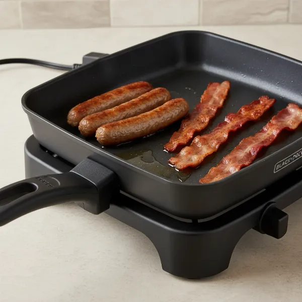 Black+Decker electric skillet demonstrating the pan tilt leg for draining excess fat.