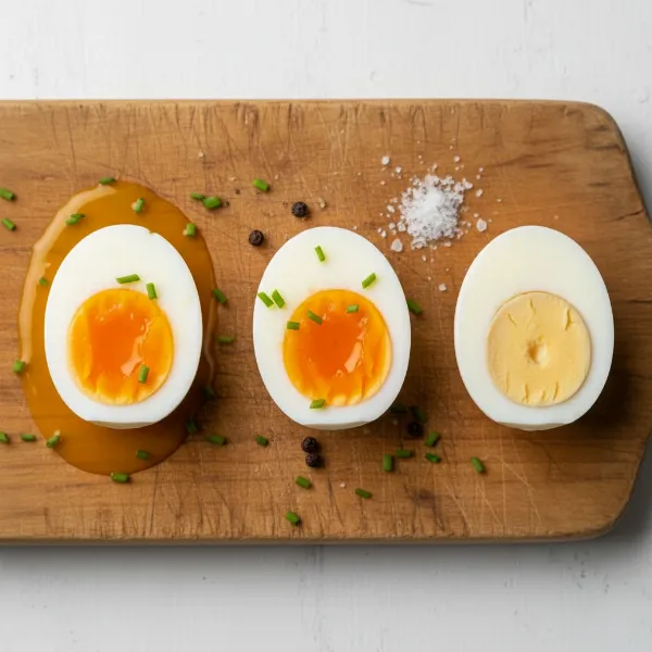 Three half-cut boiled eggs showcasing soft, medium, and hard yolks.