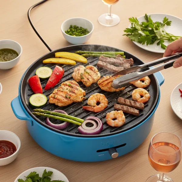 Bruno Compact Hot Plate with a grill plate, searing vegetables and meat.