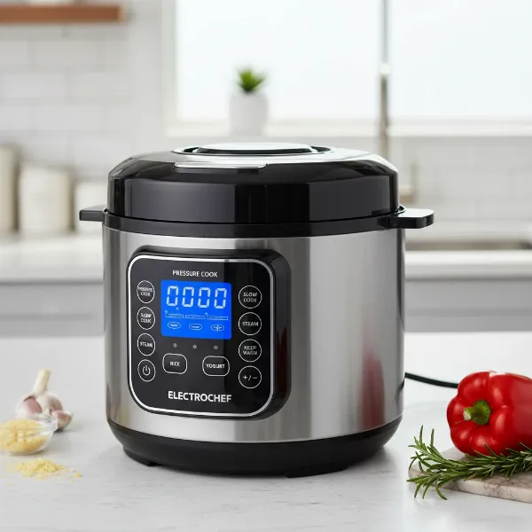Affordable multi-functional electric cooker with digital display, showing pressure cook, slow cook, steam, sauté functions.