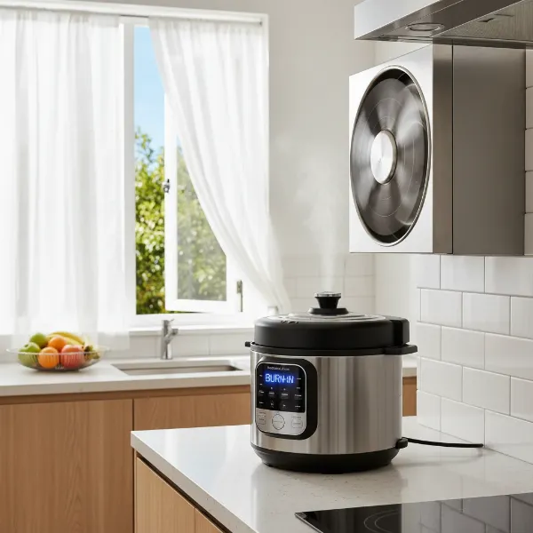 An electric cooker running a burn-in cycle with steam, good ventilation in a kitchen.