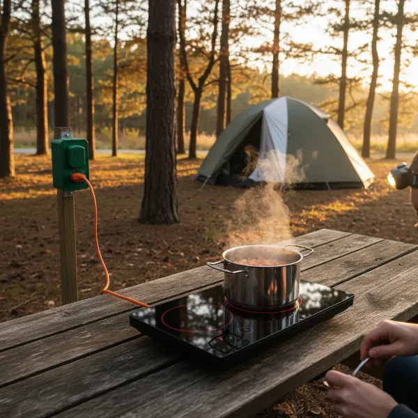 A compact electric cooker in use at a campsite, safely preparing a meal with proper power cord management.