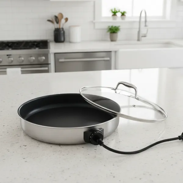 Chefman 12-inch round electric skillet with a non-stick cooking surface and tempered glass lid.