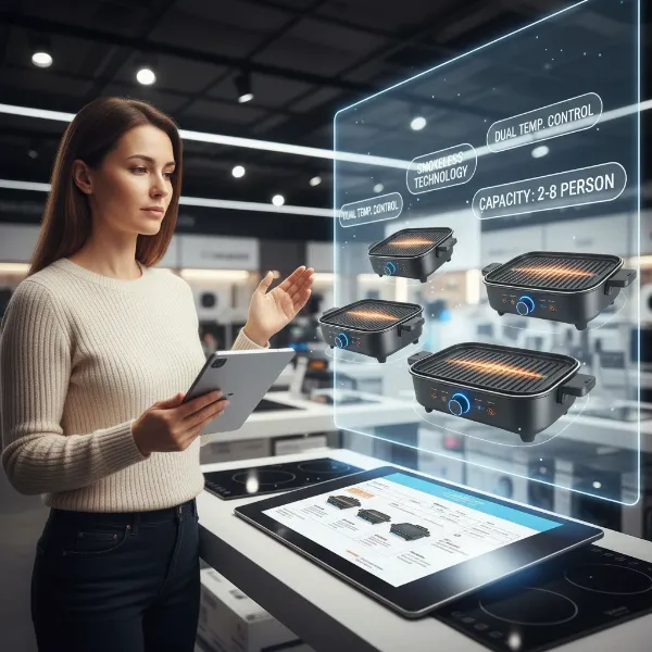 A person thoughtfully examining key features of various 2-in-1 electric grill and hot pot models