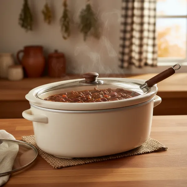 Classic slow cooker simmering a rich stew, emitting a warm, inviting aroma.