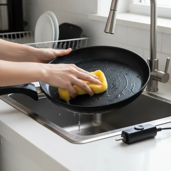 Hand washing a Chefman electric skillet pan with soap and sponge, temperature probe removed.