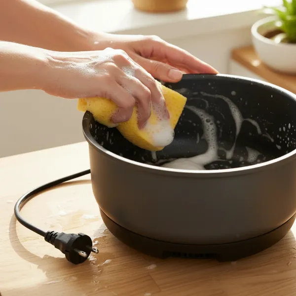 Person cleaning electric hot pot interior with a soft sponge and mild soap