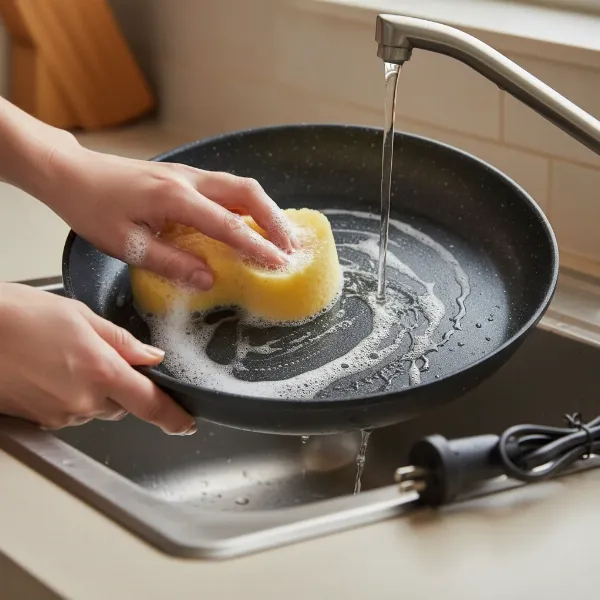 Hands gently cleaning a non-stick electric skillet pan with a soft sponge after use.