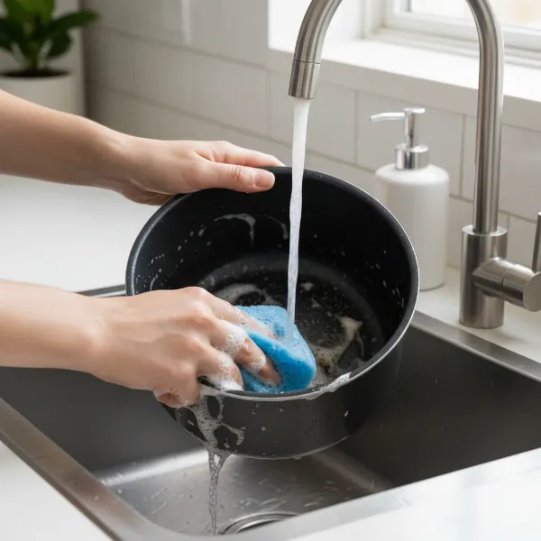 Hands cleaning a stainless steel inner pot of a multi-functional electric cooker after use.