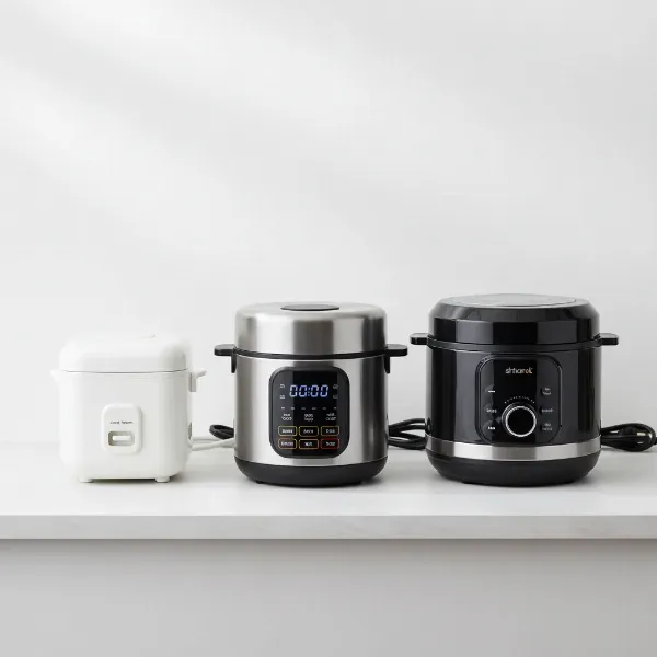 A collage showing different types of compact electric cookers, including a rice cooker, multi-cooker, and pressure cooker hybrid.
