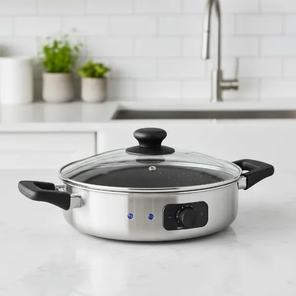 A Continental electric skillet displaying non-stick surface, cool-touch handles, and glass lid.