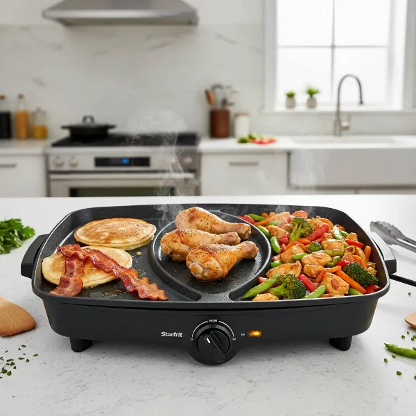 Diverse meals being cooked in Starfrit The Rock Electric Skillet, showcasing versatility.