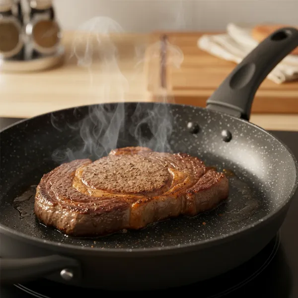 Searing steak in a Bella Electric Ceramic Titanium Skillet with steam rising.