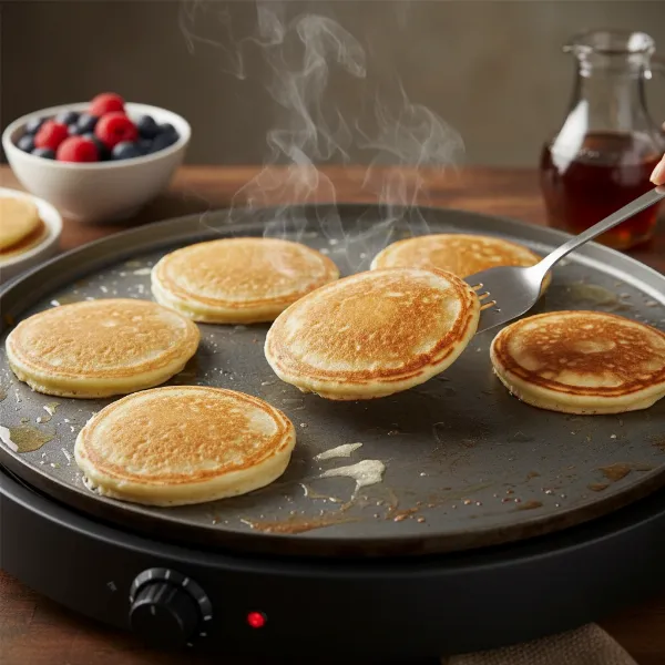 Golden-brown pancakes cooking on an electric skillet, one being flipped with a spatula.