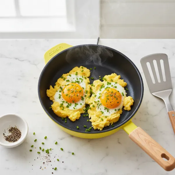 Dash Mini Electric Skillet cooking a delicious single-serving breakfast meal, like eggs or pancakes.