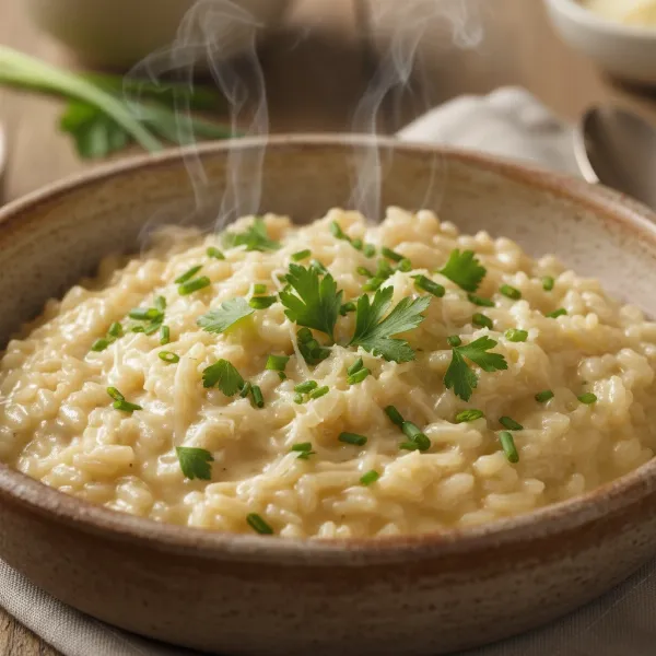 A close-up of a perfectly creamy risotto garnished with fresh herbs in a serving bowl.