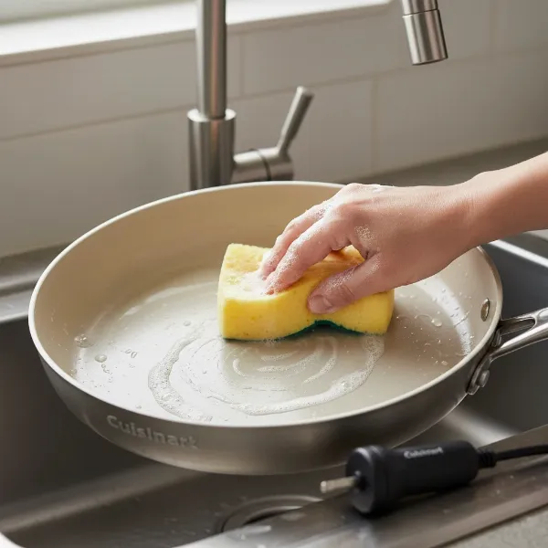 A Cuisinart GreenGourmet electric skillet being easily cleaned after use, showcasing its non-stick surface.