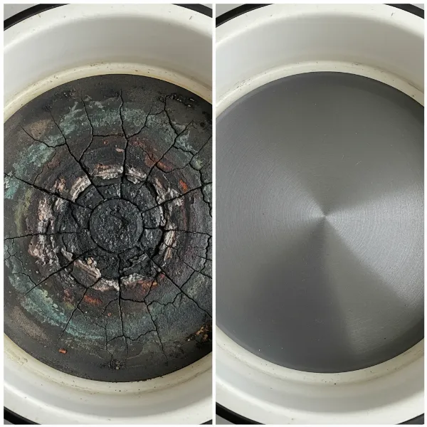 Close-up of a damaged electric cooker heating element with visible cracks and discoloration
