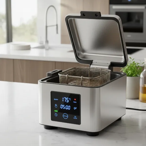 A modern electric deep fryer with a basket, designed for safe and efficient deep frying.