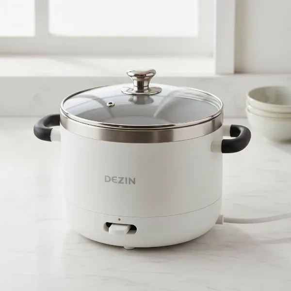 Dezin electric hot pot with clear glass lid, non-stick interior, and heating base.