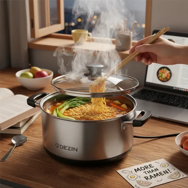 Dezin electric hot pot actively cooking ramen noodles and vegetables, showcasing its versatility.