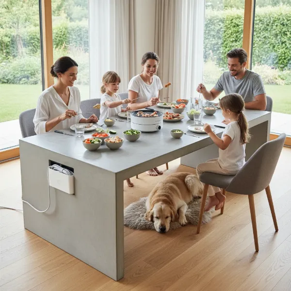 Detachable cord appliance on dining table, showing enhanced safety and no tripping hazards