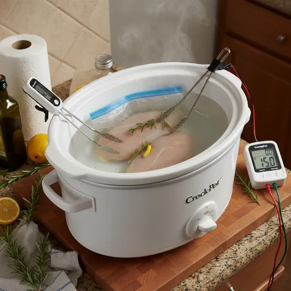 DIY sous vide setup using an electric slow cooker, a food bag in water, and an external digital thermometer for monitoring.