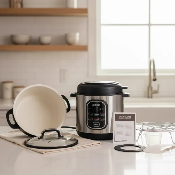 An electric cooker with its removable inner pot, lid, and accessories laid out for easy cleaning.