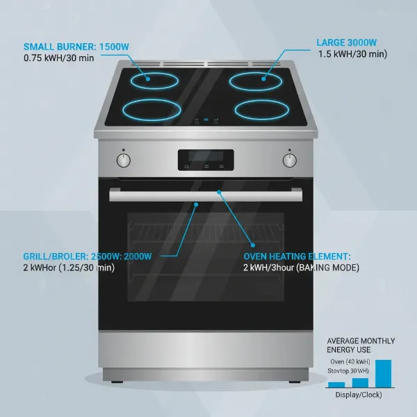 Visual representation of an electric cooker showing energy consumption breakdown in watts and kWh