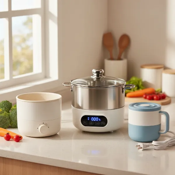 Assortment of electric cookers displaying various features like capacity, non-stick, and steamer inserts