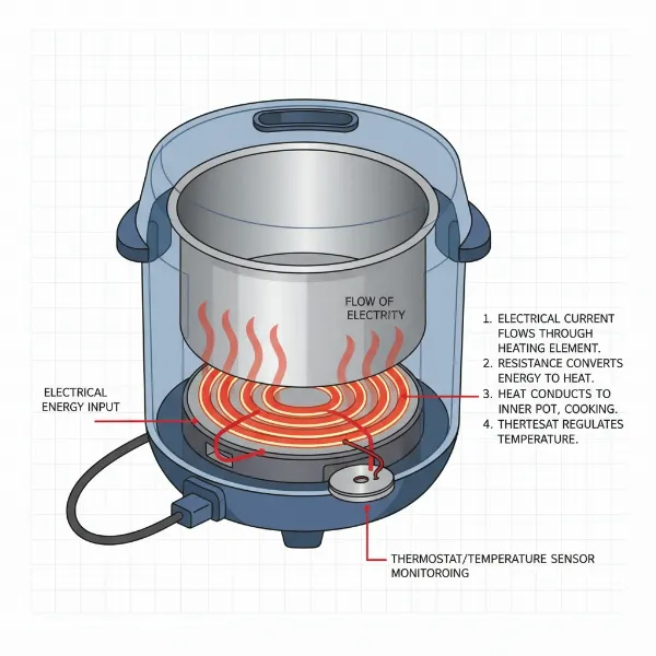 Diagram showing an electric cooker's internal heating element, thermostat, and power connection