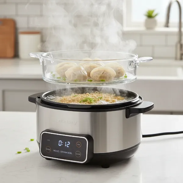 Electric cooker with noodles boiling and dumplings steaming, highlighting multi-functionality and efficiency