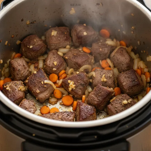 A close-up of an electric multi-cooker searing beef chunks with vegetables and aromatics.