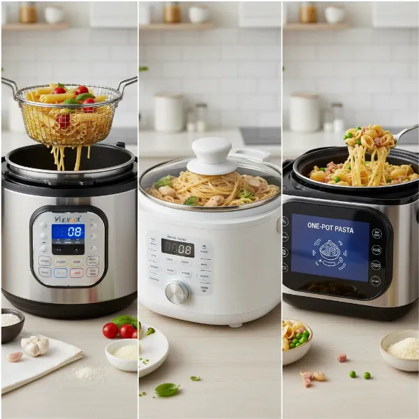 A collection of different electric cookers suitable for making one-pot pasta dishes.