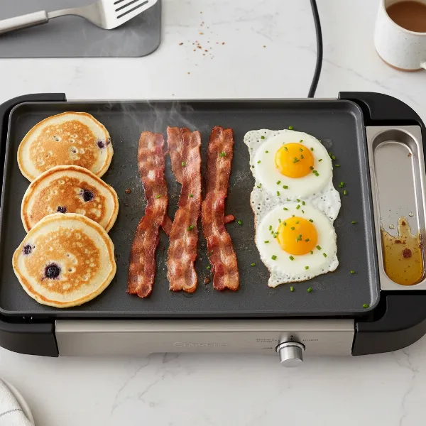An electric griddle cooking pancakes, bacon, and eggs simultaneously for a large breakfast spread.