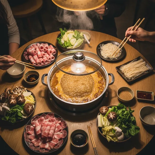 Electric hot pot filled with bubbling broth, surrounded by various ingredients for communal dining.