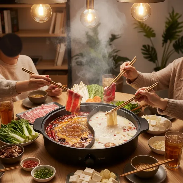 Electric hot pot in action with diverse ingredients, demonstrating versatile shabu-shabu cooking for a group.