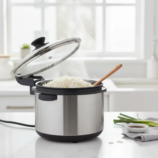 An electric hot pot cooking fluffy rice, steam gently rising, showcasing versatility.