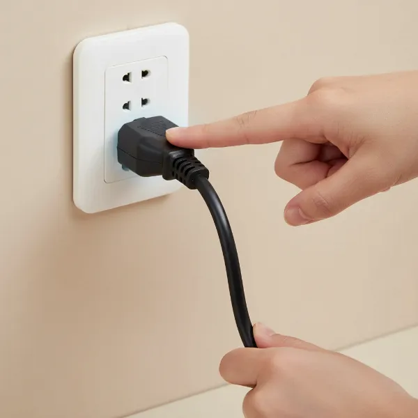 Close-up of electric hot pot power cord and plug, emphasizing safety