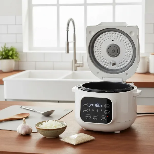 A modern electric hot pot set up in a kitchen, ready for cooking risotto with ingredients nearby.