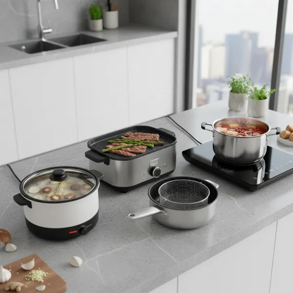 Assortment of electric hot pots, including basic, multi-functional, and induction models for shabu-shabu.