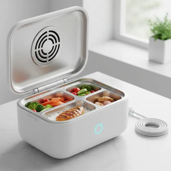 Modern electric lunch box with stainless steel tray, steam vent, and power cord.