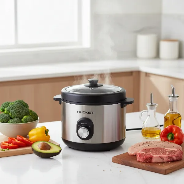Electric multi-cooker in a modern kitchen, preparing various keto and low-carb dishes efficiently.