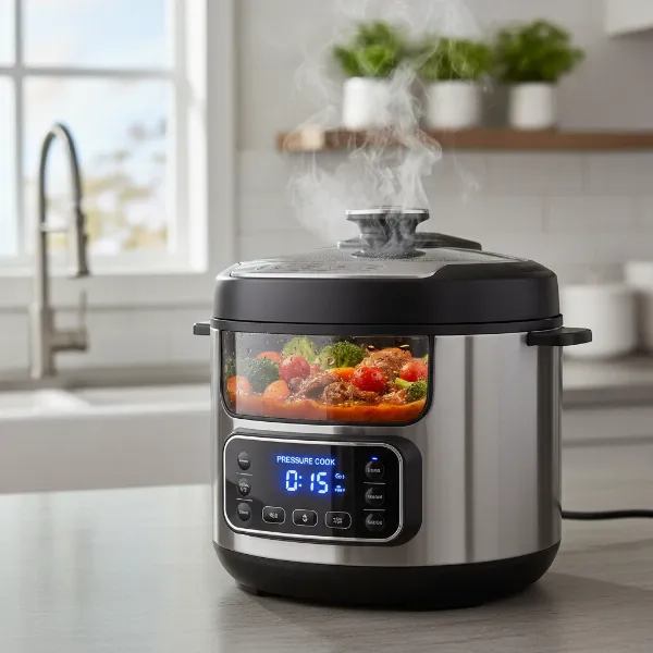 Electric multi-cooker with steam escaping, cooking a hearty soup or stew.