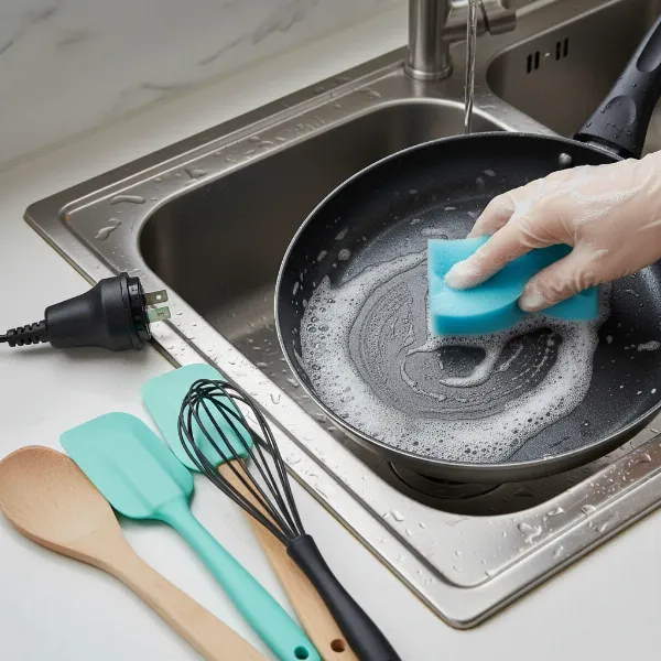 Tips for cleaning and maintaining an electric skillet, including removing the probe and using non-metal utensils.