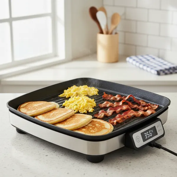 A spacious electric skillet frying breakfast foods like pancakes and bacon, showcasing even heat distribution.